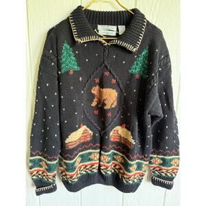 Vintage Northern Isles Hand Knit Cabin Sweater Bear Lodge Trees Cottagecore Wool